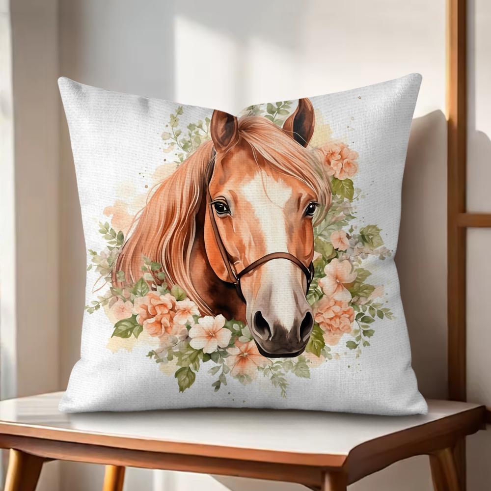 Watercolor Horse  Floral Cushion Cover Natural Linen Organic Fabric DoubleSided Printing Couch Pillow Covers Home Decor