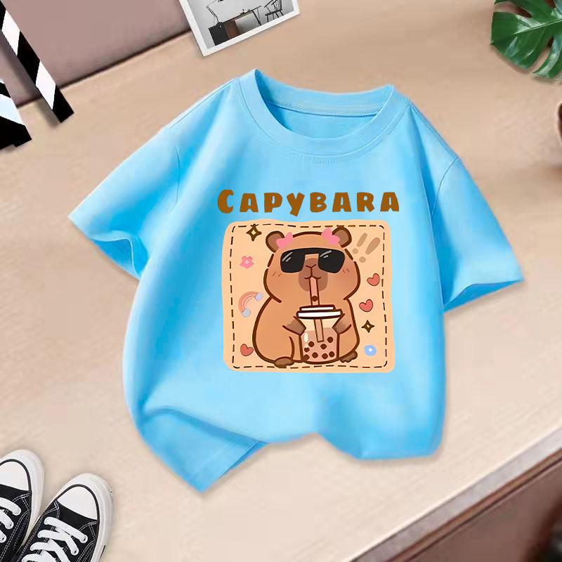 Kinder T-Shirt Capybara Aufdruck Kinder 100% Baumwolle Kleidung Oberteile 2-13J Locker geschnitten Lässig Rundhalsausschnitt Kurzarm T-Shirt