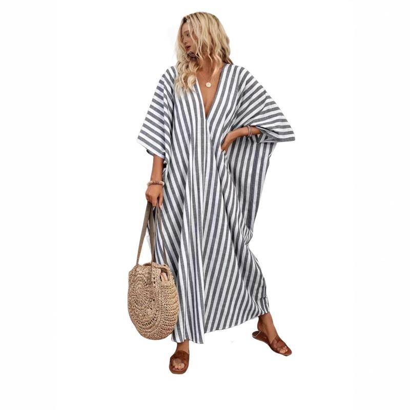 VEZFAA Women's Fashion Summer Spring Stripe Print 3/4 Sleeves V-Neck Loose Waistline Casual Dresses