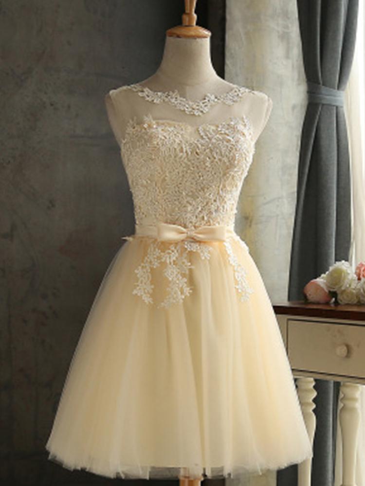 Grupo Irmãs Vestido de Dama de Honra Cor Champagne Sem Mangas Vestido de Festa Feminino Saia Curta Estilo Coreano Estilo Princesa Vestido de Casamento