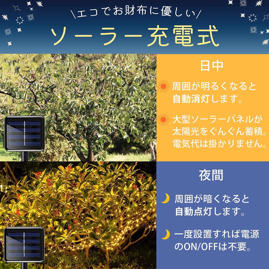 SKD Solar Illumination Light, Large Panel, 15 Hours of Light, Waterproof, 200 LEDs, 20m, Japanese Manual Included (Gold)