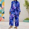 Women Plus Size Red Floral Printed Round Neck Long Sleeve Layered Top Wide Leg Cropped Pants Two Piece Set