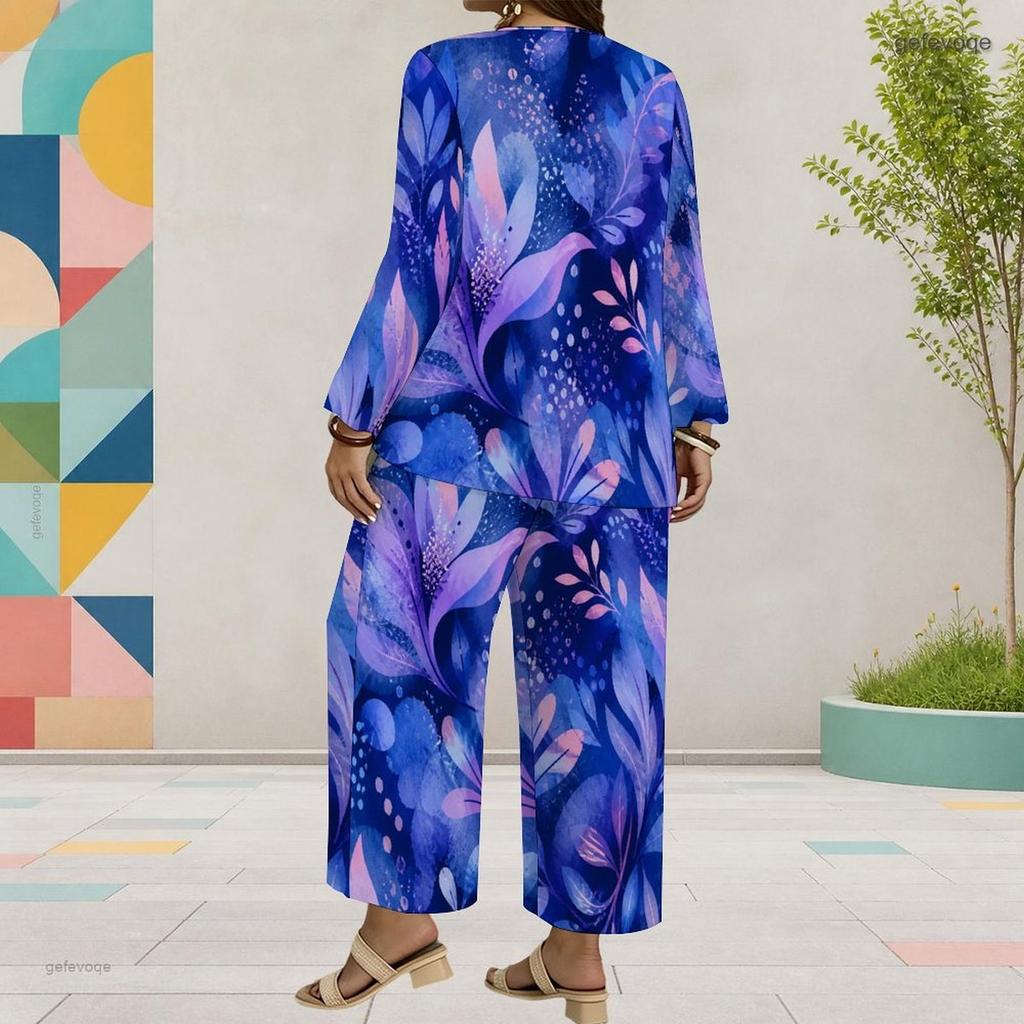 Women Plus Size Red Floral Printed Round Neck Long Sleeve Layered Top Wide Leg Cropped Pants Two Piece Set