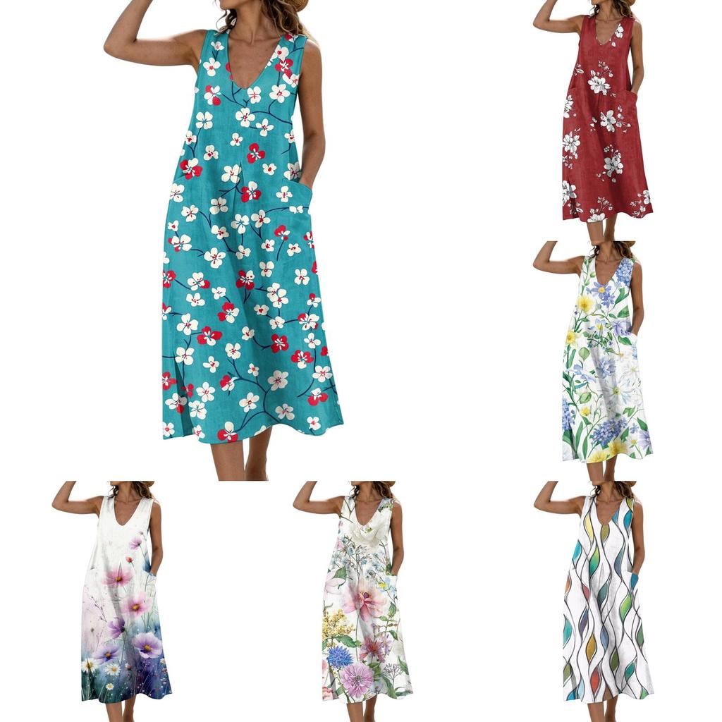 Women Sleeveless U Neck Cotton Linen Dress with Pockets Floral Print Split Hem Casual Loose Fit Tank Dress for Summer