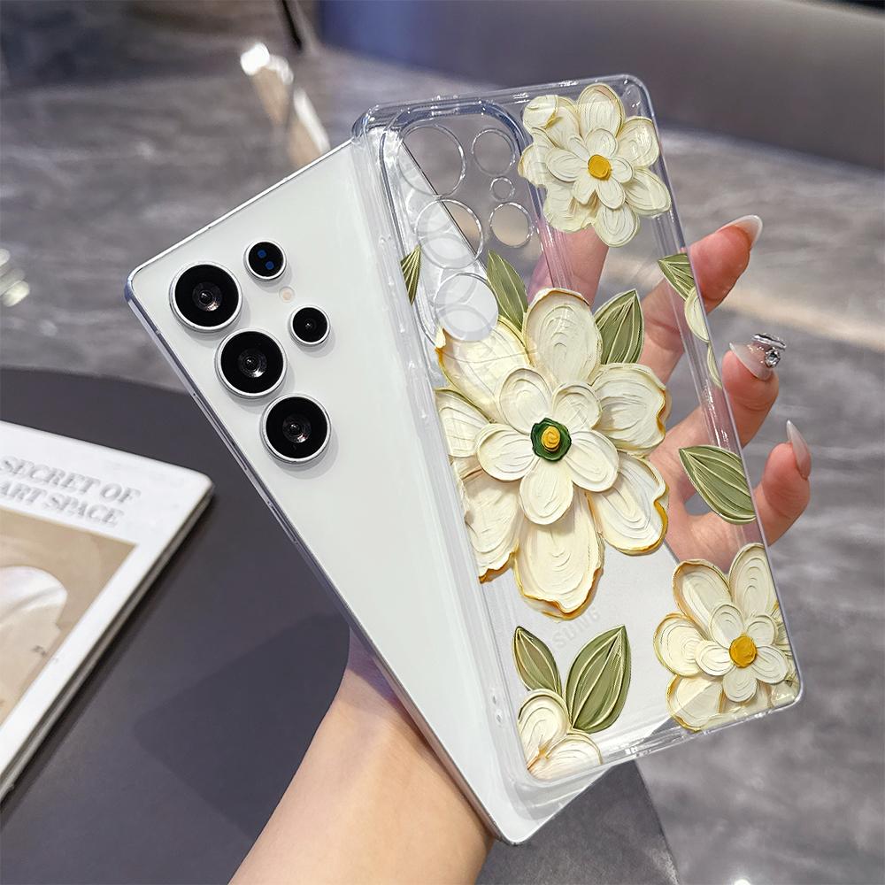White Floral Oil Painting Case for Samsung Galaxy S26 S25 S24 S23 S22 S21 S20 FE Plus Soft TPU Slim Fit Shockproof Cover