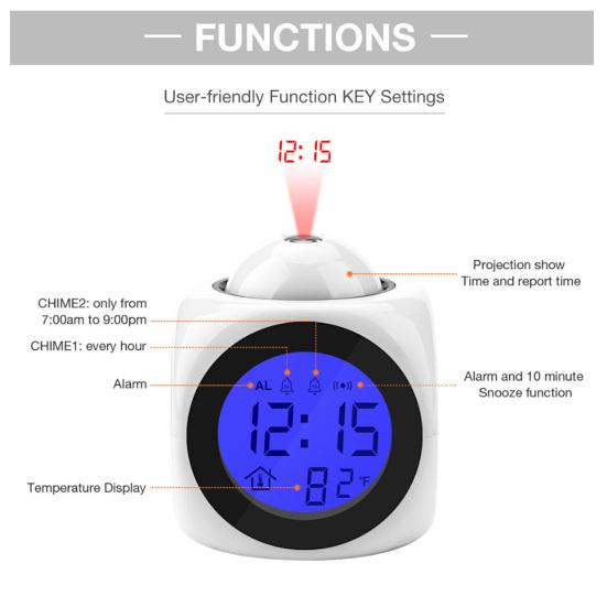 Projection Alarm Clock Digital Display Temperature Display Snooze Function USB/Battery