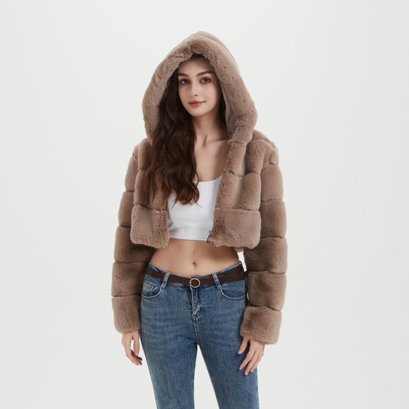 2026 Fall Winter Faux Fur Jacket Women Short Hooded Patchwork Coat Streetwear