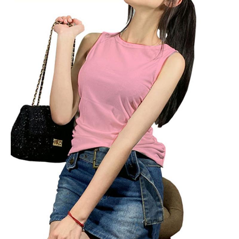 

YYFS женские модные повседневные летние весенние однотонные блузки и рубашки без рукавов с круглым вырезом и принтом XXL розовый