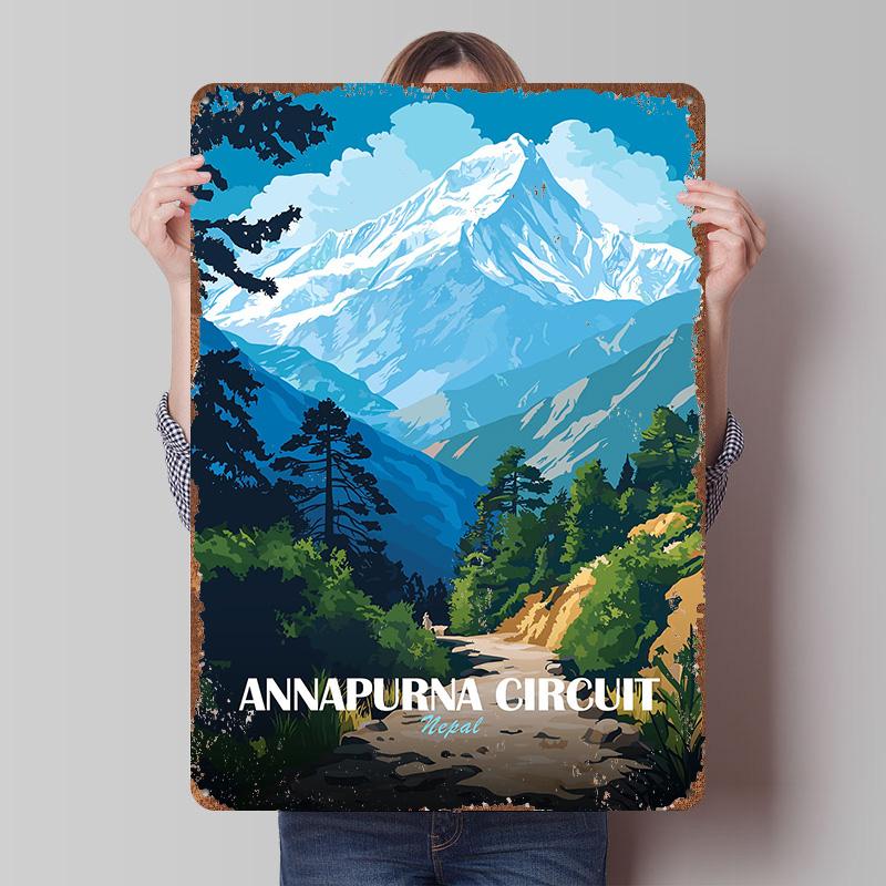 

Annapurna Circuit Nepal Mountain Landscape Tinplate Poster Customized Wall Art Vintage Retro Metal Signs for Room Decorations 20x30cm（7.8x11.8inch）