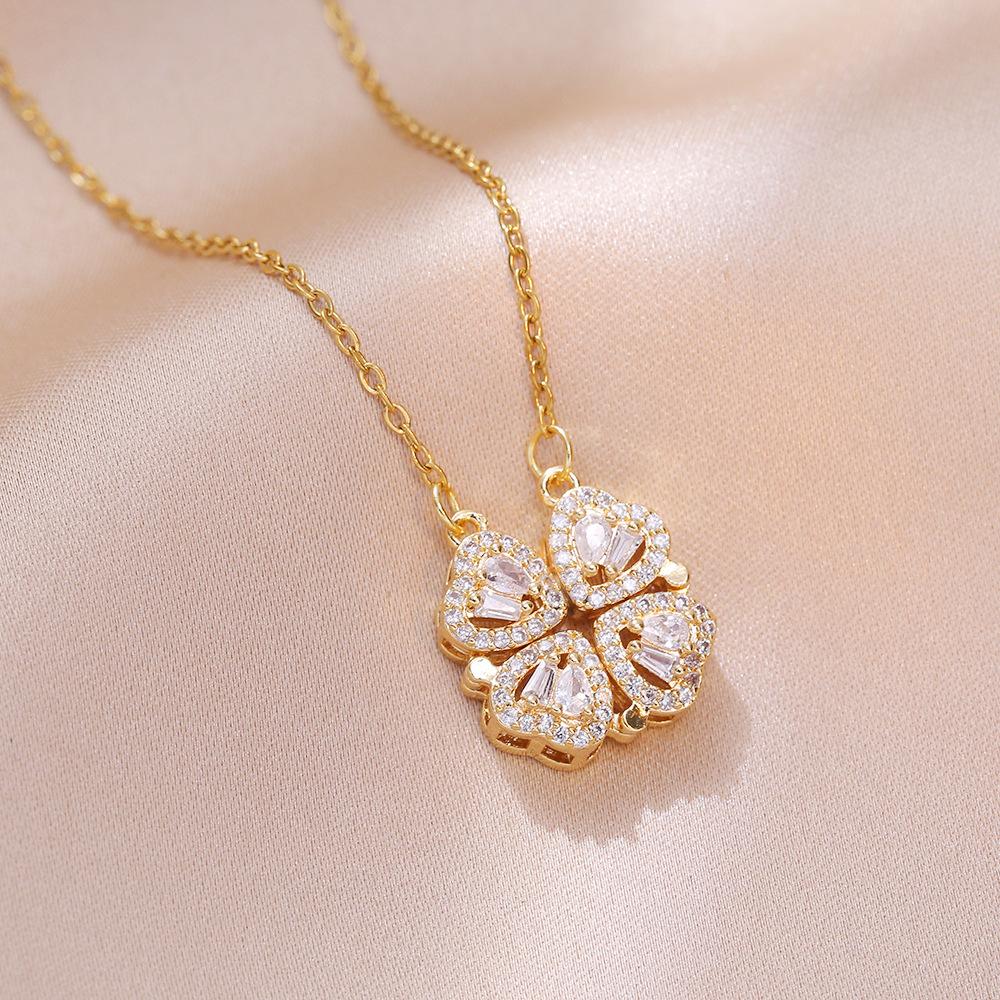 1pc Heart Shaped Four Leaf Clover Pendant Necklace Jewelry Zircon Women Love Clavicle Chain Gifts Openable ChokerJewelry