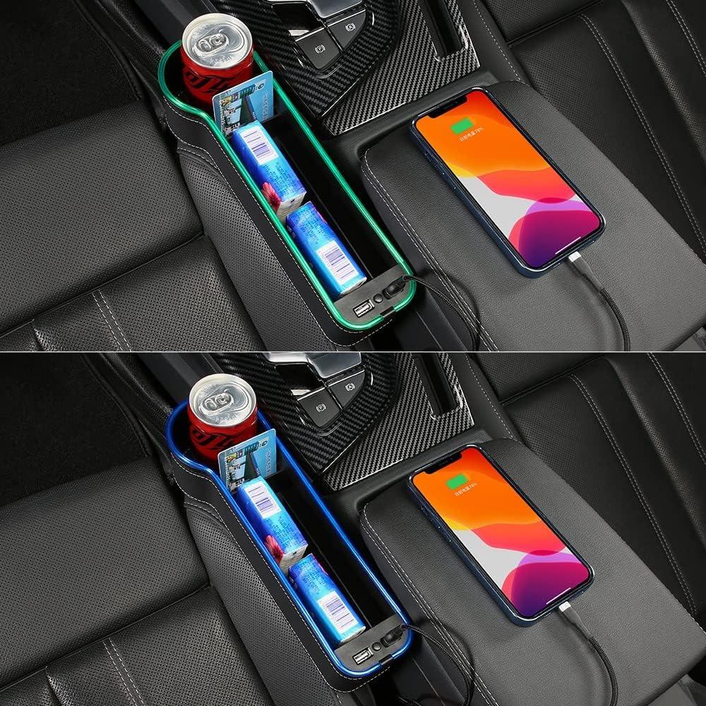 Riempitivo Fessura Sedile Auto Portabicchieri LED Cambia Colore 7 Colori Scatola Organizer Portaoggetti Fessura Auto Con Caricatore 2Usb Accessori Auto
