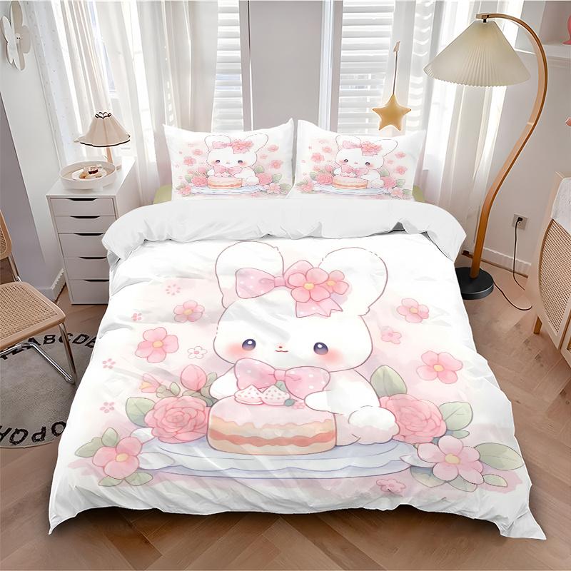 3er-Set Bettwäsche mit Kuchen- und süßem Hasendruck, ultraweich, atmungsaktiv und bequem, mit stilvollem Design für Schlafzimmer- und Gästezimmerdekoration 1 C