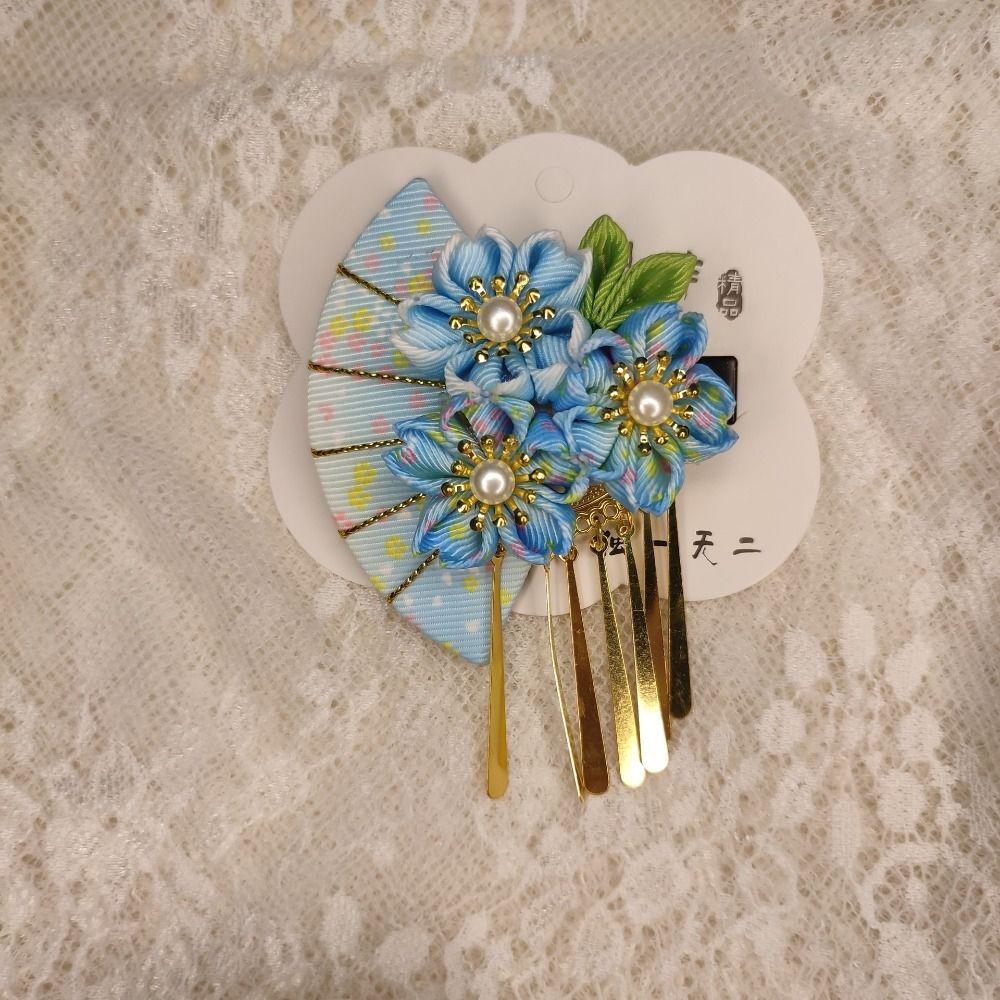 

Flower Japanese Kimono Headwear Sakura Tassel Fan Hairpin Cute Girls синий