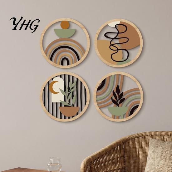 Placche Rotonde Decorative in Legno 4 Pezzi Arte da Parete Boho, Cartelli Appesi Piatto 2D, Geometria Moderna Materiale Naturale Ornamenti per la Casa Decorazione in Legno, Boemo per