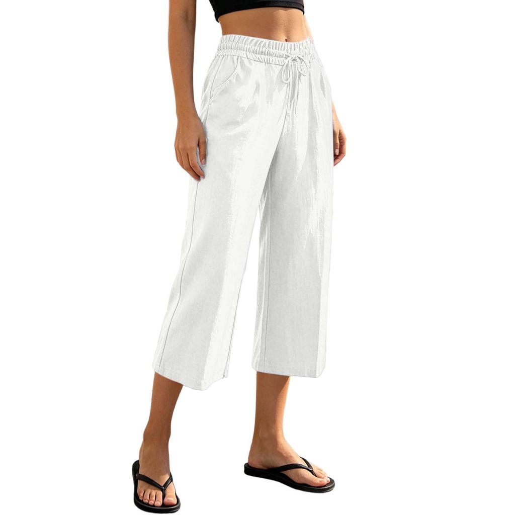 Women Drawstring Waist Loose Fit Cotton Linen Cropped Pants with Back Pocket Relaxed Fit Casual Seven Eighths Trousers for Daily Wear