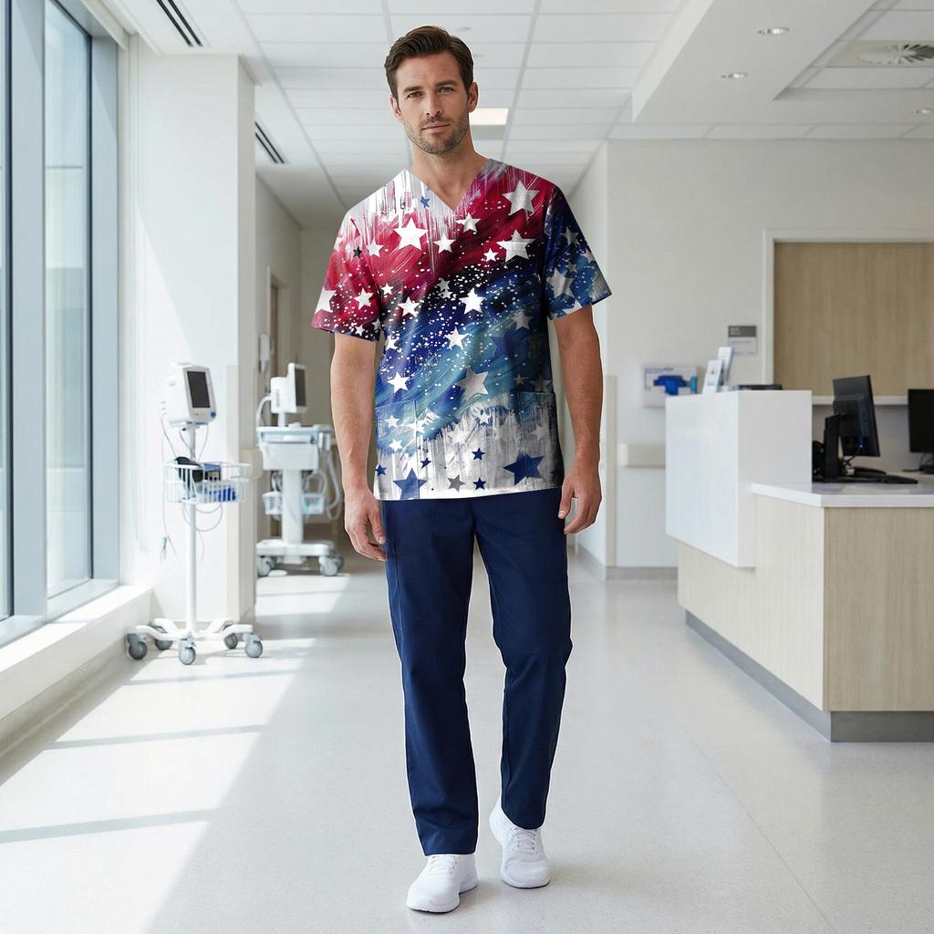 Men's Short Sleeve V-Neck  Print Chest Pocket Care Top