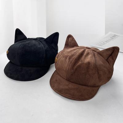 Korejský retro klobouk osmihranný s kočičími oušky Dámský podzimní a zimní klobouk typu newsboy odhalující obličej Z kartáčovaného teplého baretu