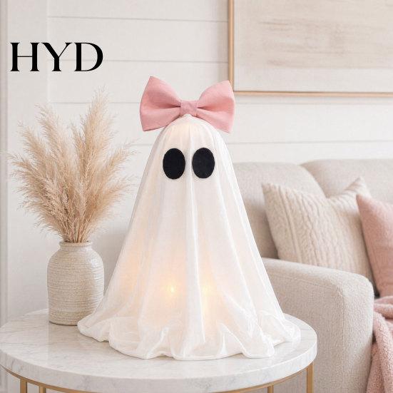 Living Room Halloween Decor LED Ghost Decoration, Pink Bow Tabletop Ornament, Soft With Warm Lights Fabric Haunted House with Glow for Home Round Eyes