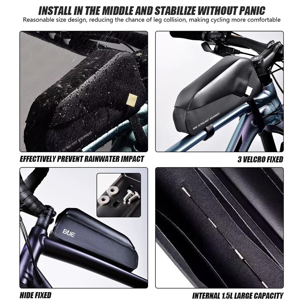 Black Bicycle Bag Waterproof Cycling Top Front Tube Frame Bag Magnetic Closure Locking System For MTB Road Bike