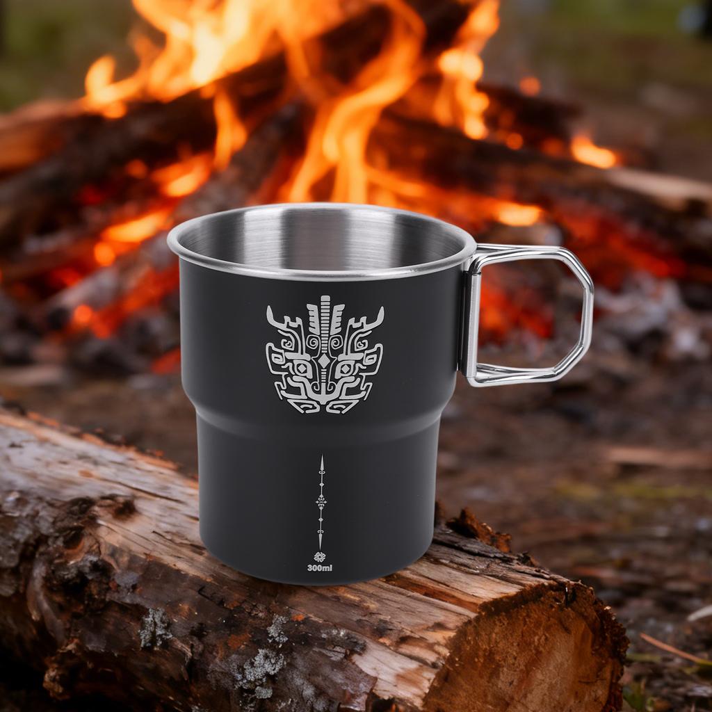 300ml Camping Water Cup Stainless Steel Mountainhiker Camping Cups with Foldable Handle Stackable Travel Cutlery Picnic Utensils