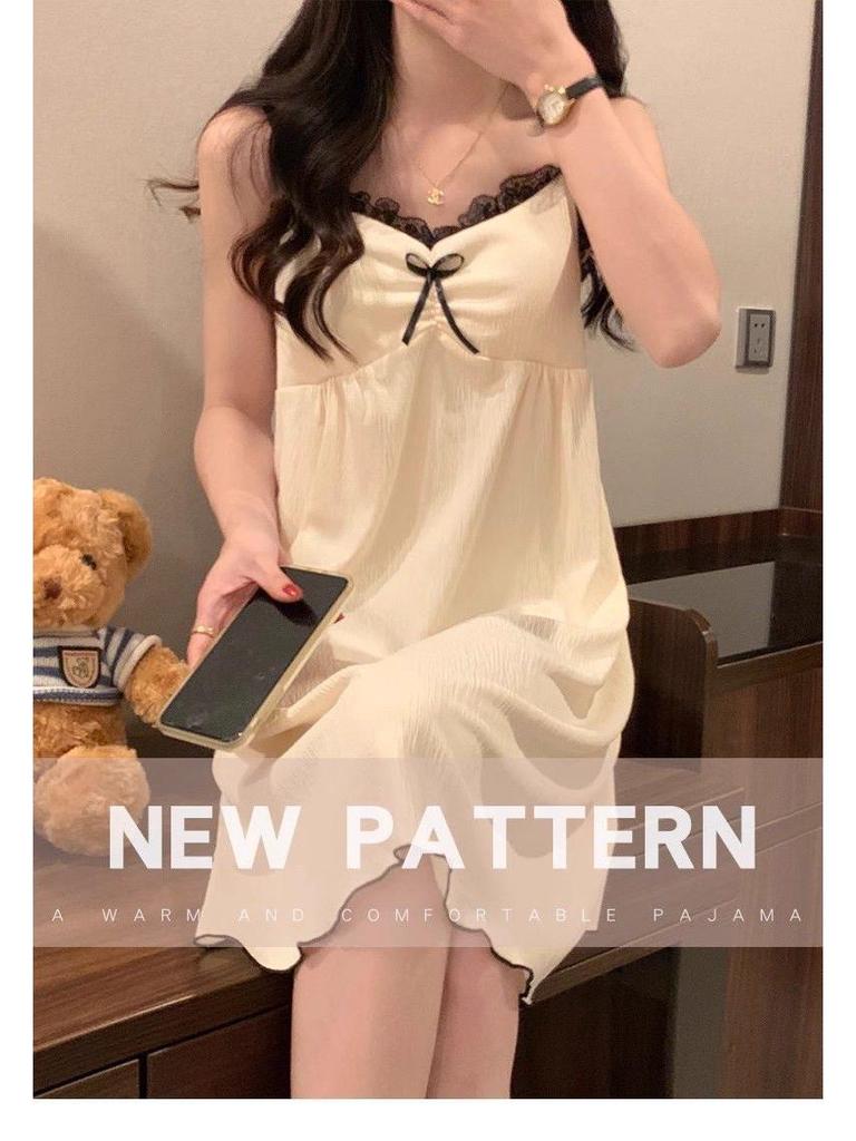 Women's Apricot Lace-Trimmed Camisole Nightgown - Padded Bust, Casual Summer Home Wear Skirt Pajamas