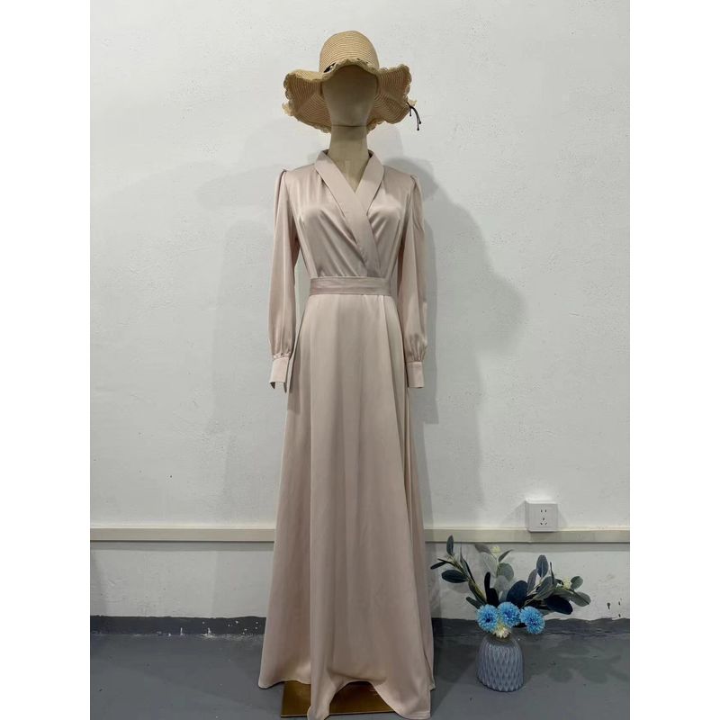 

Fashion Wind New Arrival Elegant V-neck Lace-up Waist-Controlled Long Sleeves Silm Dress V-Neck Lace up Dress Champagne L