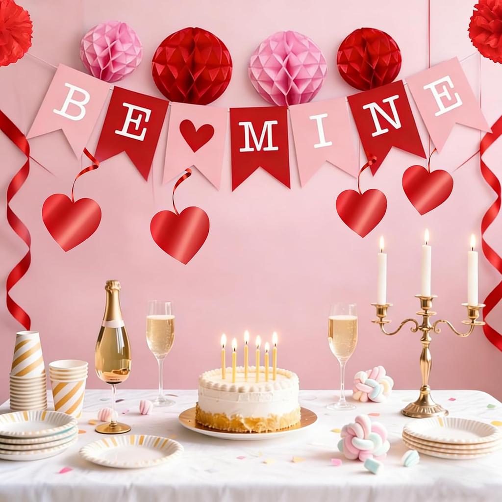 21Pcs Valentine's Day Decorations Set - Pre-Assembled BE MINE Banner with Heart Swirls & XOXO Garlands, Romantic Party Decor for Engagement Wedding