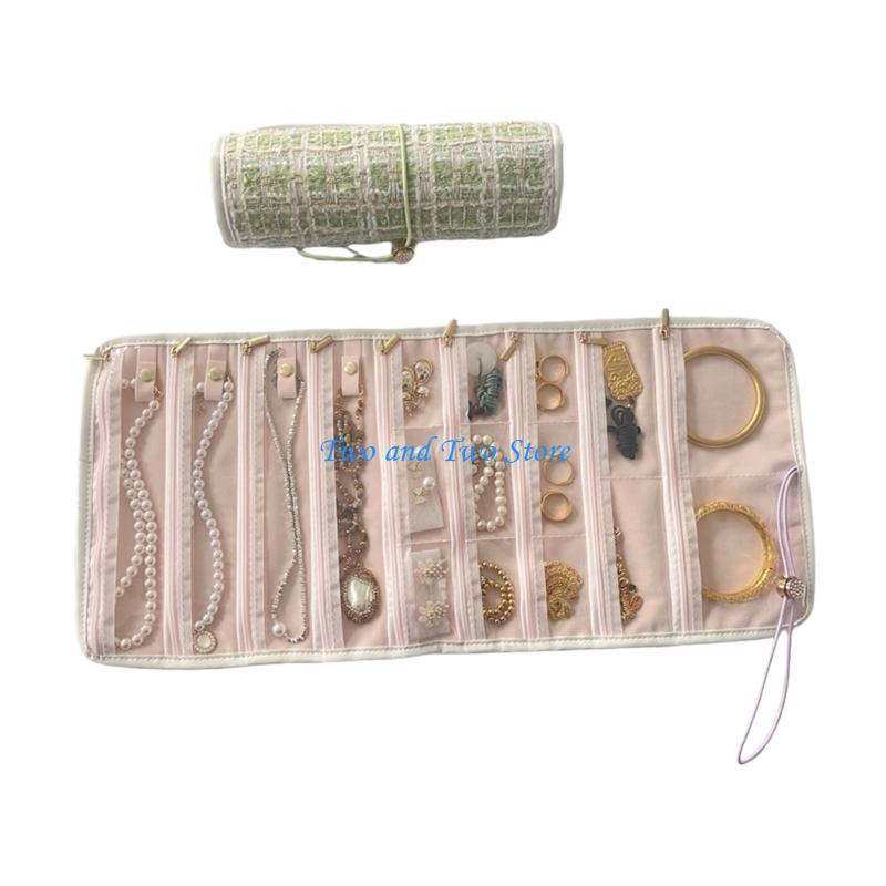 HX6F Sustainable Fabric Jewelry Organiser for Women Portable Multi Compartment Storage Bag For Necklaces Earrings
