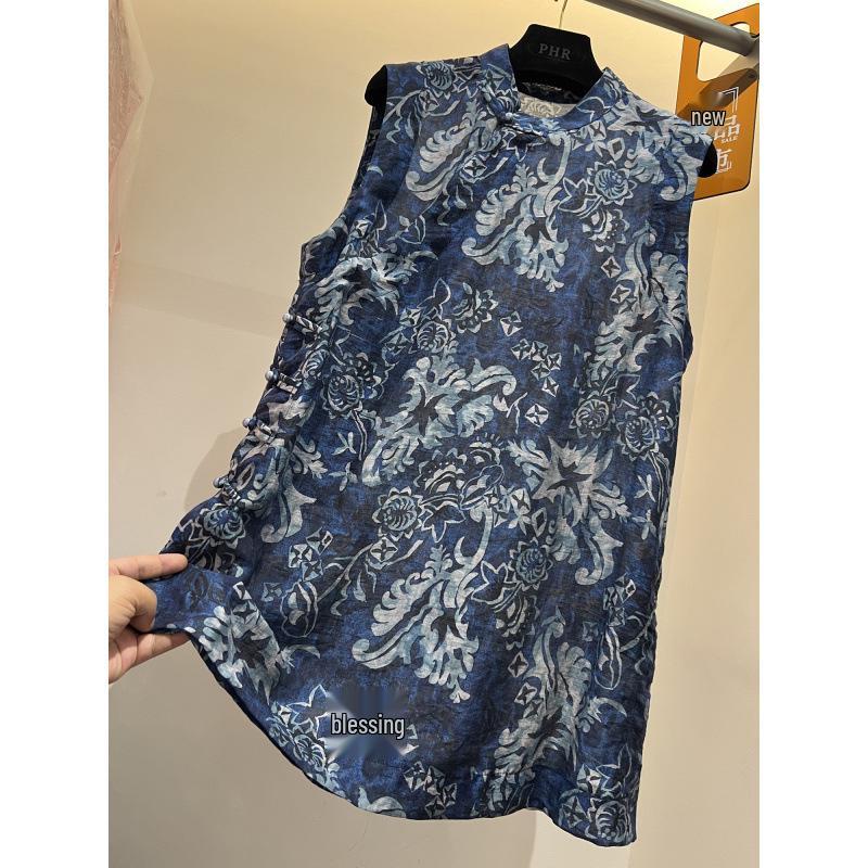 

High-End 2026 Summer European Chinese-Style Stand Collar Retro Sleeveless Vest with Frog Buttons M синій