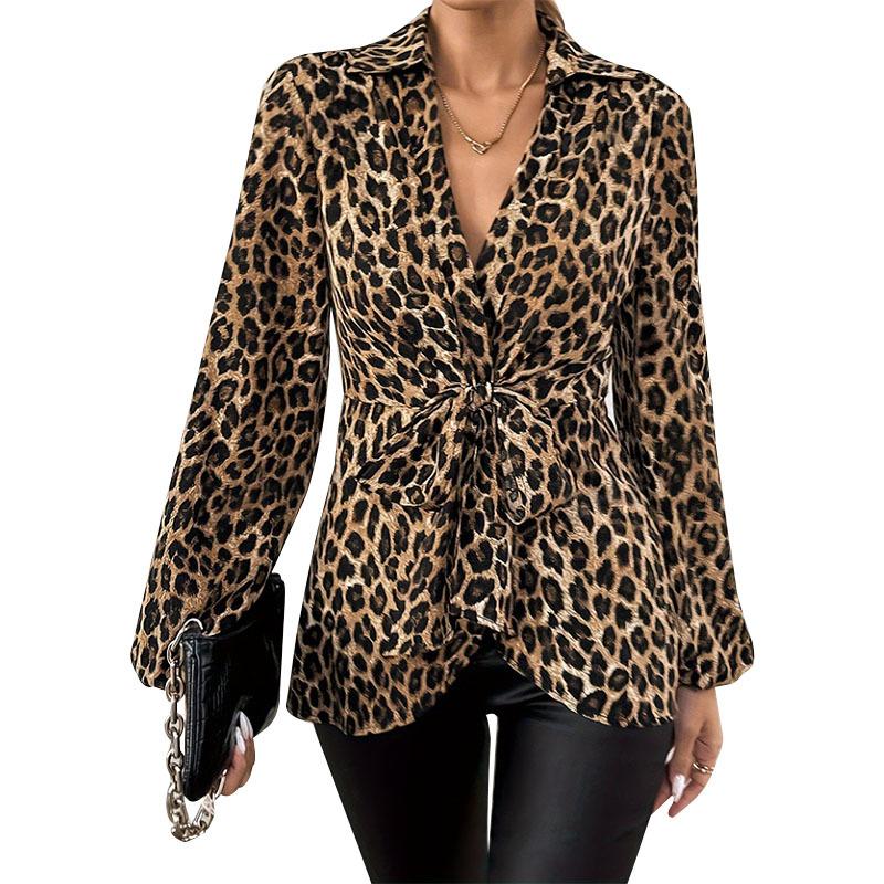 Camicetta da Donna con Stampa Leopardo Scollo a V Manica Lunga Nodo Frontale Camicia Casual da Ufficio Top Elegante alla Moda
