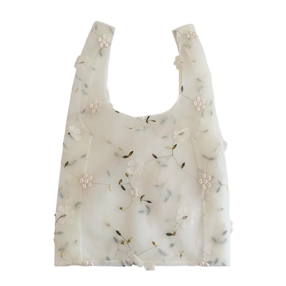 Double Organza Flower Embroidery Hand Bag Clear Jelly Light Material Mesh Shopping Bag Yarn Cloth Organza Tote Bag Shoulder Bag