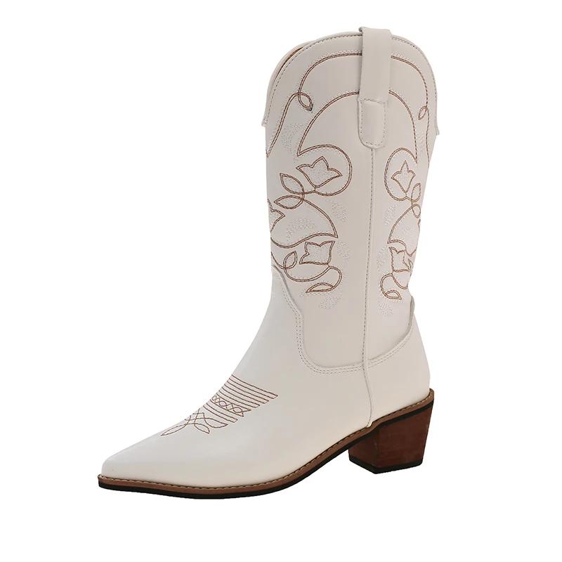 Autumn Winter Vintage Women Western Cowboy Boots Slip On Thick Heel Shoes Embroidery Knight Mid Calf Botas