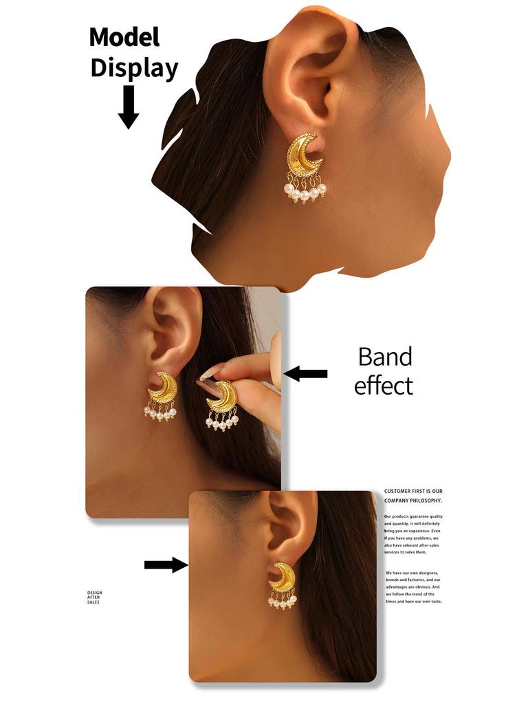 European and American Style Moon Tassel Faux Pearl Earrings: Irregular Geometric Titanium Steel Design