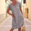 Summer Loose Solid Color Pocket Short Sleeve Crew Neck Dress for Women