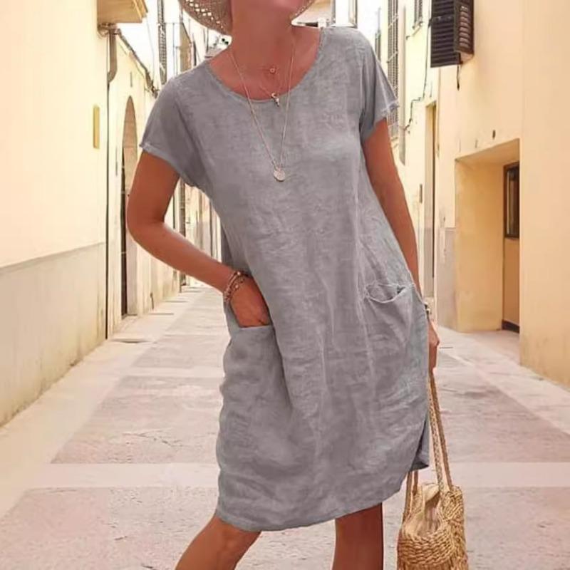 Summer Loose Solid Color Pocket Short Sleeve Crew Neck Dress for Women