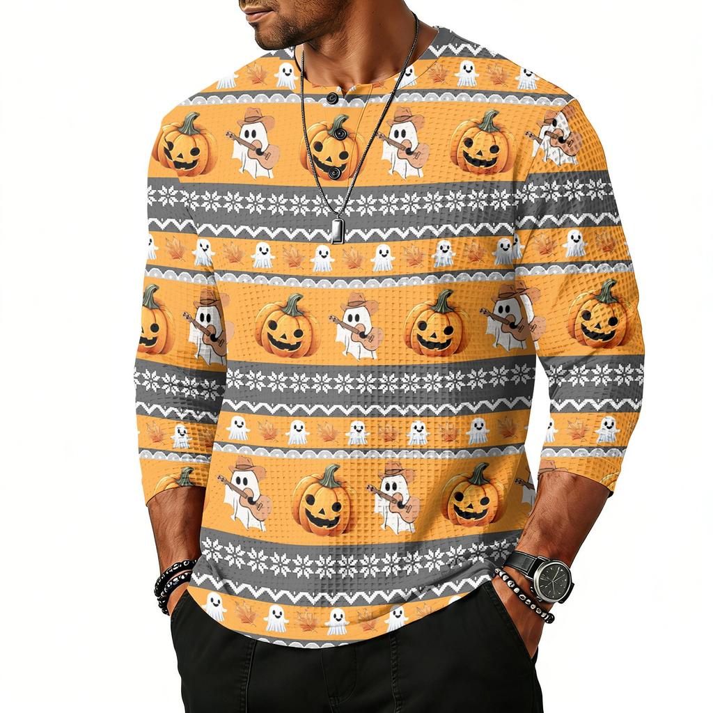 Men's Casual Halloween Print Henley Shirt Raglan Three Quarter Sleeve Top Lightweight Breathable Fabric Comfortable Fit