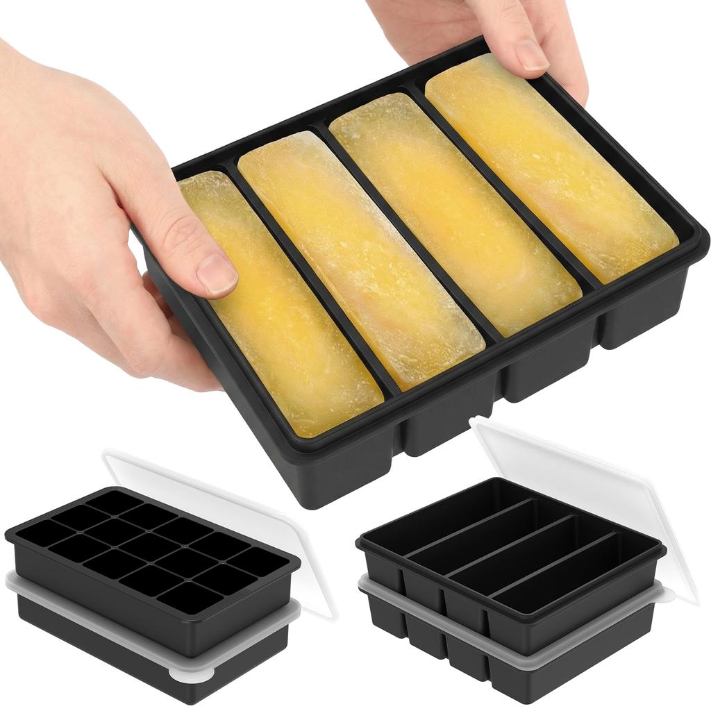 4Pcs Silicone Freezer Trays Ice Cube Molds 4 Long Slot and 15 Small Grid Soup Freezer Container Mold for Bar and Kitchen Gadgets