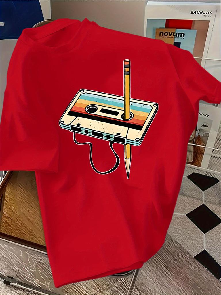 Unisex Classic Cotton Crew Neck T Shirt Retro Color Cassette Tape Pencil Graphic Loose Short Sleeve Vintage Streetwear Daily Tops