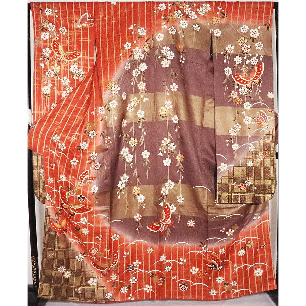 

Genuine long-sleeved kimono, pure silk, weeping cherry blossoms, butterfly, red, gold leaf, purple ki25877 Good condition Kimono