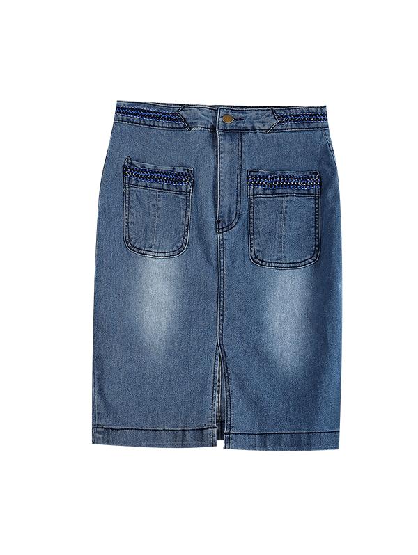 

ZAFUL Front Slit Braided Trim Denim Bodycon Skirt S синий