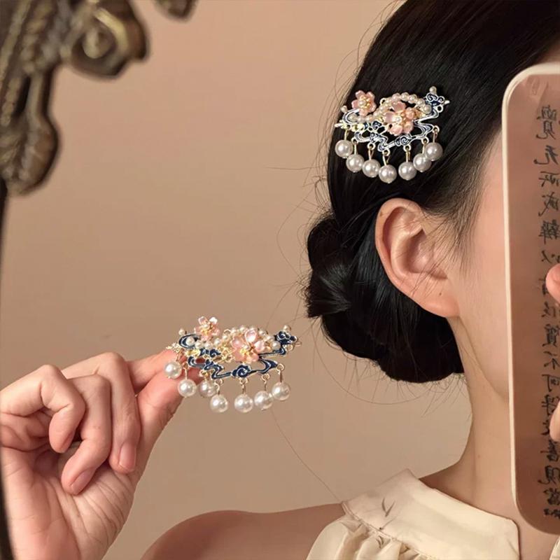 Chinese Style Enamel Flower Pearl Tassel Hair Clips Vintage Hanfu Hair Pins Wedding Hair Accessories for Women