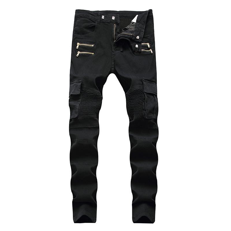Men s Trendy Biker Slim-Fit Pleated Elastic Pants with Multi-Pocket Zippers 29 чёрный