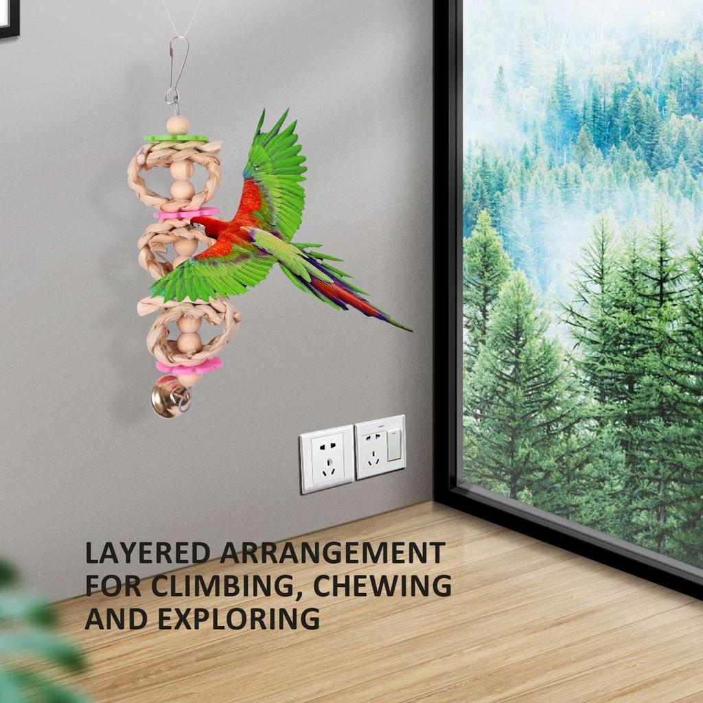 M-Modern-7 Packs Bird Parrot Swing Chewing - Natural Wood Hanging Bell Bird Cage Suitable For Small Parakeets Cockatiel