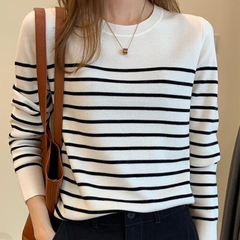Women's Black & White Striped Korean-Style Sweater 2025 - Long Sleeve Knit Pullover for Autumn/Winter