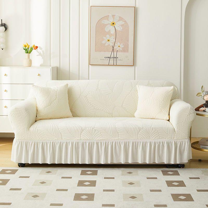 Leaf Texture All-Inclusive Skirt Sofa Cover with Ruffled Trim - Stretchy Polyester-Spandex Blend Fits 1-4 Seater Couches for Living Room, Bedroom
