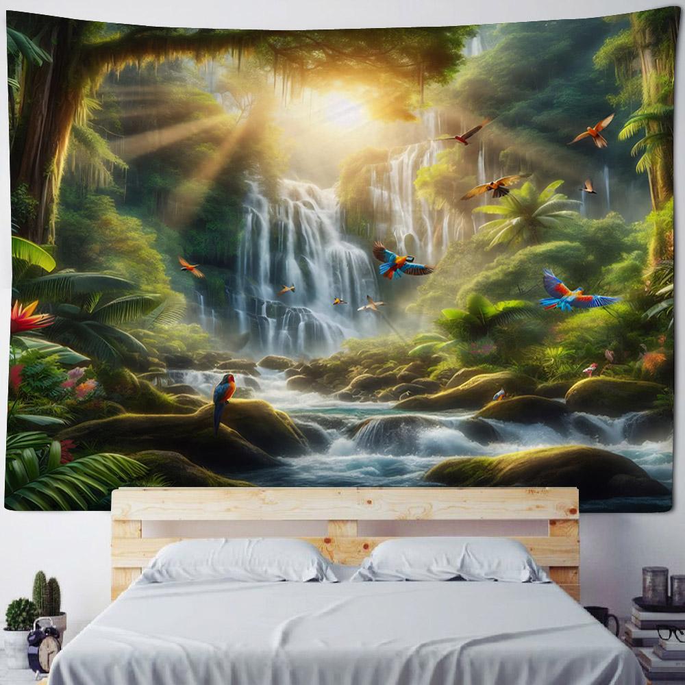 Tropical Rainforest Tapestry with Flowers & Birds Green Natural Landscape Wall Hanging Background Poster for Home Decoration