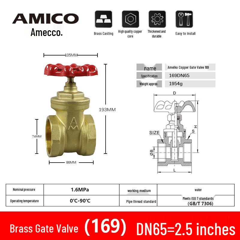 Genuine AMECO Thickened Brass Threaded Gate Valve for Hot/Cold High Temperature Water 169.