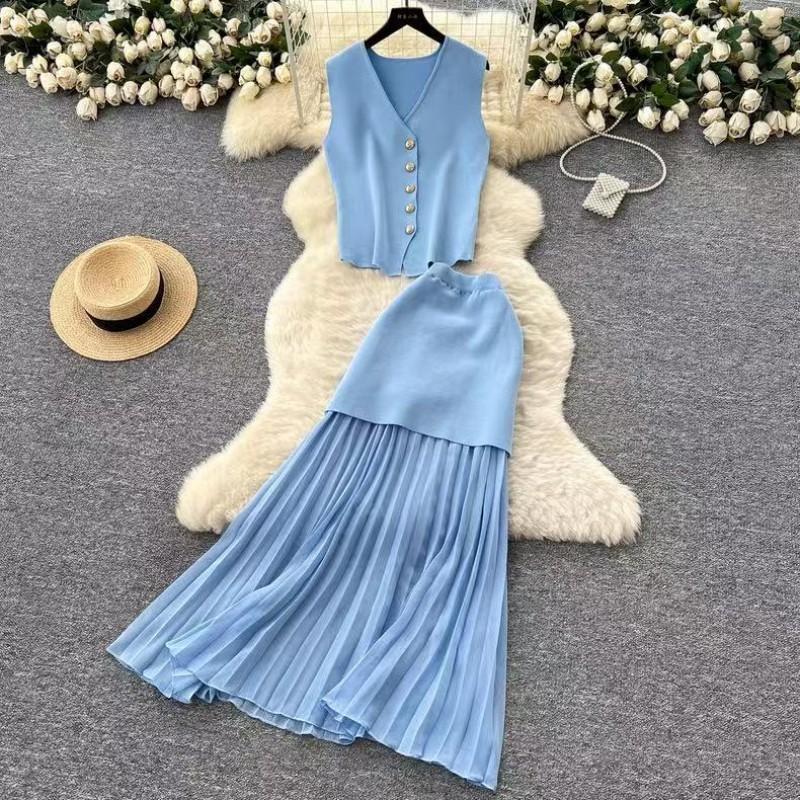 Completo Abbigliamento Donna Top Corto Senza Maniche Gonna Pieghettata Set Due Pezzi Stile Occidentale Uso Quotidiano per il Pendolarismo