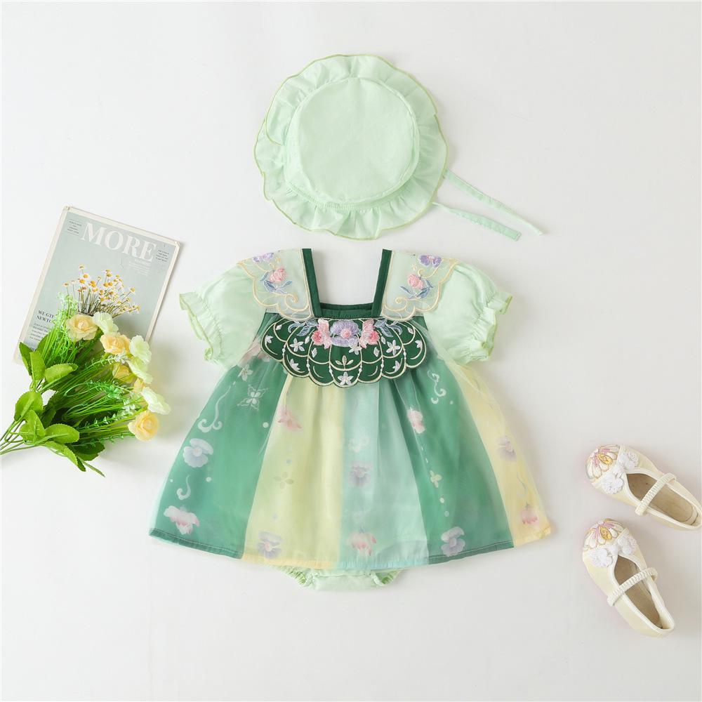 Baby Girl Hanfu Romper: Summer Onesie Thin Style Dress with Snap Crotch - Ancient Tang Princess Outfit for Crawling