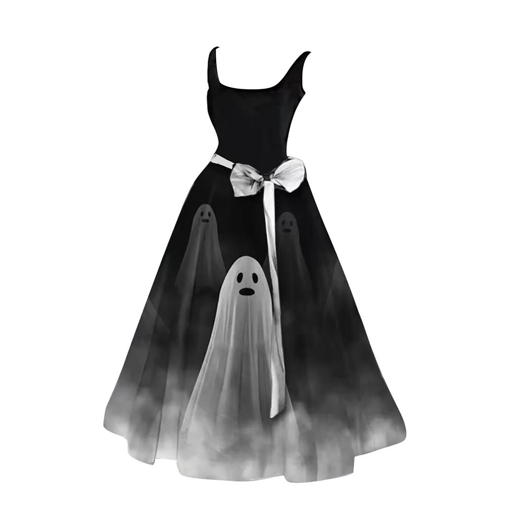 Maxi Abito da Donna Oversize con Stampa di Halloween - Collo Senza Maniche Casual Lungo per Feste